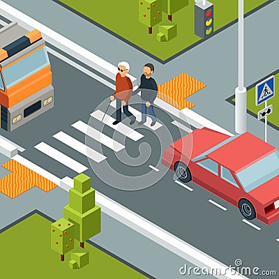 Care person crossing street. Urban city crosswalk of disabilities man with helper vector isometric concept Vector Illustration