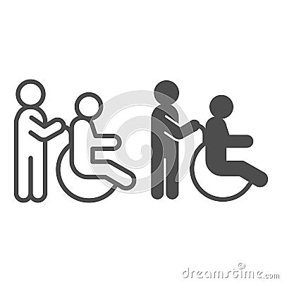 Care for a person in a wheelchair line and solid icon, disability concept, disable person wheelchair sign on white Vector Illustration