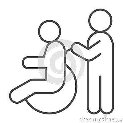 Care for a person in a wheelchair thin line icon, disability concept, disable person wheelchair sign on white background Vector Illustration