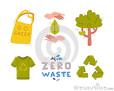 Care About Planet with Tree, Recycle Sign and Shopping Bag as Ecology and Environment Protection Vector Sticker Set Vector Illustration