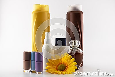 Care set consisting of shampoo, parfume, lotion, soap, nail polish, sun cream. Stock Photo