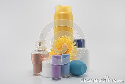 Care set consisting of shampoo, parfume, lotion, soap, nail polish, sun cream. Stock Photo