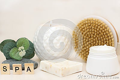 care and skin cleansers, candle. Stock Photo