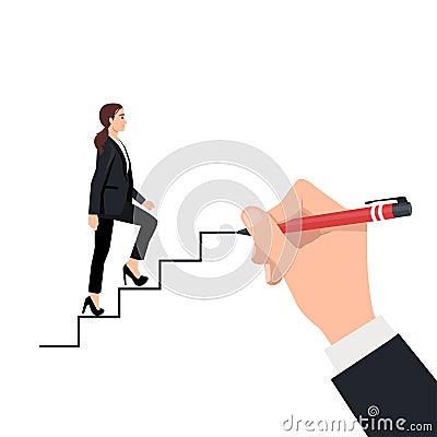 Career, business concept sketch, vector illustration. The businesswoman climbs the stairs Cartoon Illustration