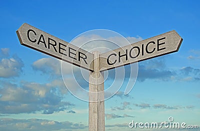 Career choice choices sign arrow direction pointing path left right life decisions mind jobs Stock Photo