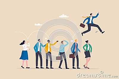 Career competition, job promotion or selfish colleagues jump over other people to get to goal, take advantage of coworker to Vector Illustration