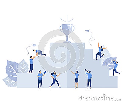 career development concept, businessmen climb the ladder to the goal in the form of a golden cup, Vector Illustration