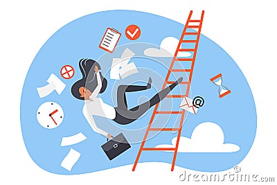 Career failure, fall accident of woman, female employee climbing stairs and falling Vector Illustration