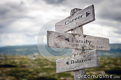 Career, family and balance text on wooden sign post outdoors in landscape scenery. Stock Photo