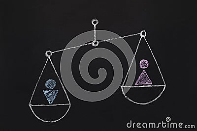 Man outweigh Woman on drawn scales, blackboard Stock Photo