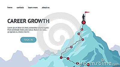 Career growth landing page. Process journey to success. Climbing to the top of mountains. Vector flat modern Vector Illustration