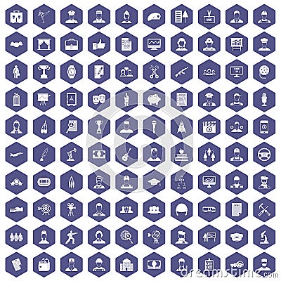 100 career icons hexagon purple Vector Illustration