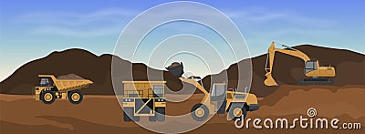 Career machinery. Wheel loader, excavator and dumper in mine. Industrial landscape. Earth work panorama Vector Illustration