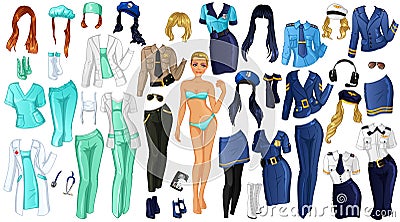 Career Paper Doll with Doctor, Policewoman and Pilot Vector Illustration