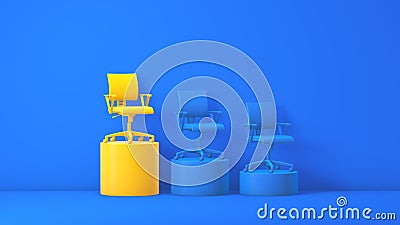 Career Pedestal With Office Chairs and Yellow Leader Chair on a Blue Studio Background. Stock Photo