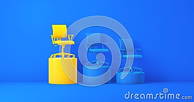 Career Pedestal With Office Chairs and Yellow Leader Chair on a Blue Studio Background. Stock Photo