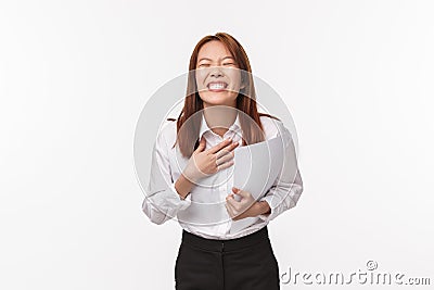 Career, profession and women concept. Portrait of talkative happy funny asian woman laughing out loud, giggle with Stock Photo