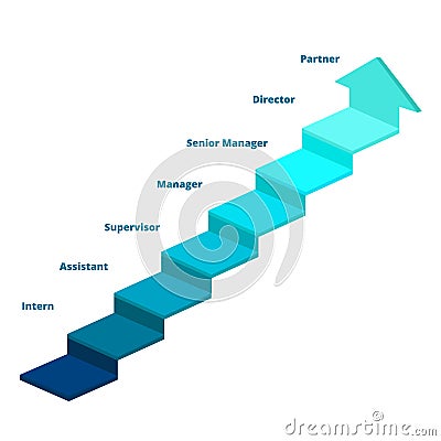 Career step diagram infographic ladder intern assistant supervisor manager senior manager director partner white Vector Illustration