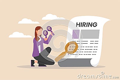 Career woman using magnifying glass in both hands searching on hiring paper. Job searching and seeking concept. Cartoon Illustration