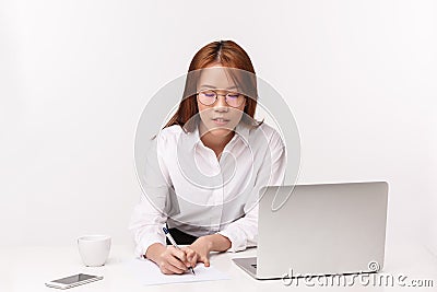 Career, work and women entrepreneurs concept. Close-up portrait busy hardworking asian businesswoman, office lady Stock Photo