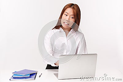 Career, work and women entrepreneurs concept. Close-up portrait of hardwoking pressured and tensed asian woman fast Stock Photo