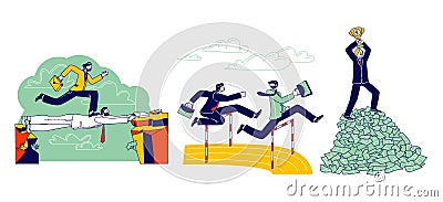 Careerist Business Man Character Running Sprint Race on Stadium Jumping over Barrier Vector Illustration