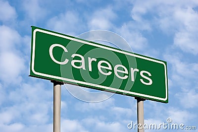 Careers Green Road Sign Against Cloudscape Sky Stock Photo