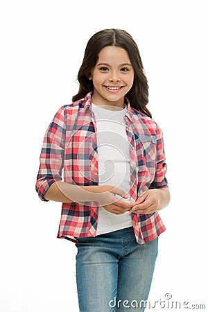 Carefree and casual. Girl cute checkered shirt and denim pants looks happy cheerful. Child girl happy carefree enjoy Stock Photo