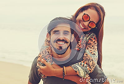 Carefree hippie love couple in vintage summer style Stock Photo