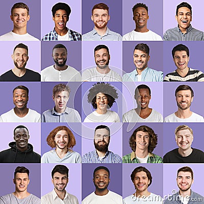 Carefree multiracial guys showing white smiles, collection of portraits Stock Photo