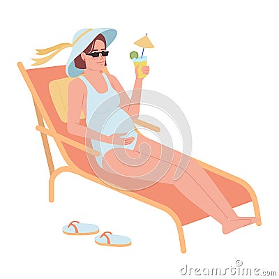 Carefree pregnant woman lying on deckchair semi flat color vector character Vector Illustration