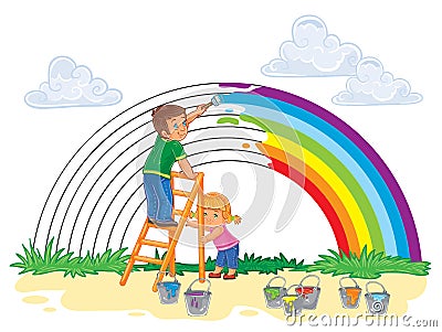 Carefree young children paint a rainbow of colors Vector Illustration