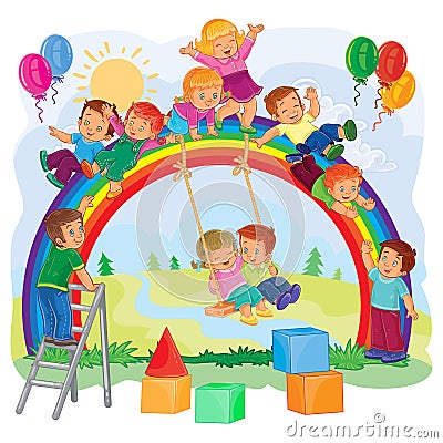 Carefree young children playing on the rainbow Vector Illustration