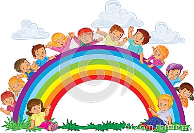 Carefree young children and rainbow Vector Illustration