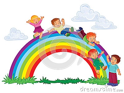 Carefree young children slide down the rainbow Vector Illustration