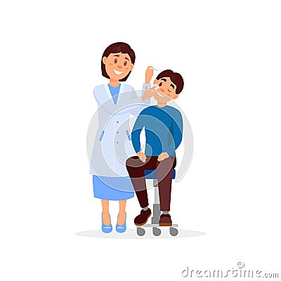 Careful doctor treats eye of young man using eye-drops. Professional at work. Medical treatment and healthcare concept Vector Illustration