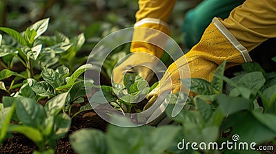 Careful hands in gloves tend to a fledgling plant, illustrating the concept of gardening Stock Photo