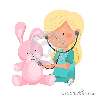 Careful Little Girl in Medical Wear Examining Fluffy Toy Hare with Stethoscope Vector Illustration Vector Illustration