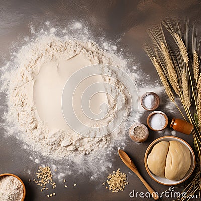 Bread-Making Essentials: Wheat, Yeast, and Rolling Pin Top View Stock Photo