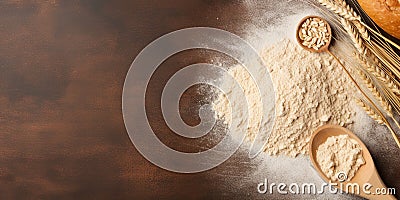 Bread-Making Essentials: Wheat, Yeast, and Rolling Pin Top View Stock Photo