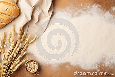 Bread-Making Essentials: Wheat, Yeast, and Rolling Pin Top View Stock Photo