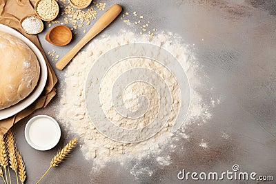 Bread-Making Essentials: Wheat, Yeast, and Rolling Pin Top View Stock Photo