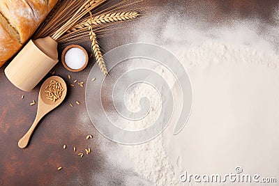 Bread-Making Essentials: Wheat, Yeast, and Rolling Pin Top View Stock Photo