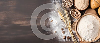 Bread-Making Essentials: Wheat, Yeast, and Rolling Pin Top View Stock Photo