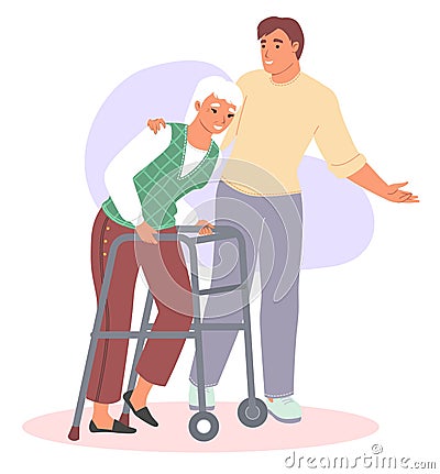 Caregiver assist old woman patient flat vector Vector Illustration