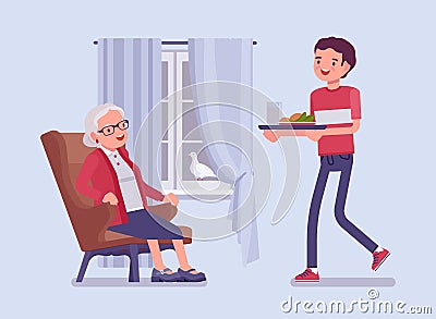 Caregiving elderly people, young man helping senior woman at home Vector Illustration