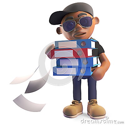 Careless black hiphop rapper in baseball cap drops some files from his folders, 3d illustration Cartoon Illustration