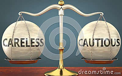 Careless and cautious staying in balance - pictured as a metal scale with weights and labels careless and cautious to symbolize Cartoon Illustration
