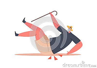 Careless Senior Man Fall with Cane, Old Male Character Falling Down on the Ground due Stumble, Slippery Road or Accident Vector Illustration