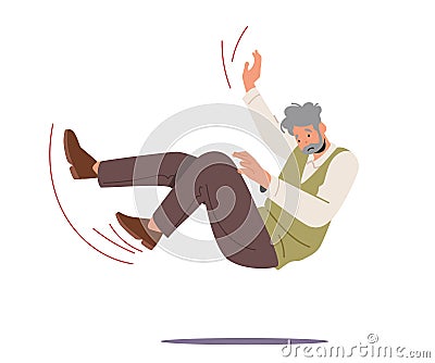 Careless Senior Man Falling on Back, Old Male Character Falling Down on the Ground due Stumble, Slippery Road Vector Illustration